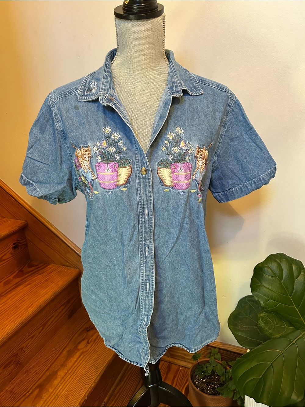 Embroidered Denim Button-Up Shirt with Floral & Kitten Motif